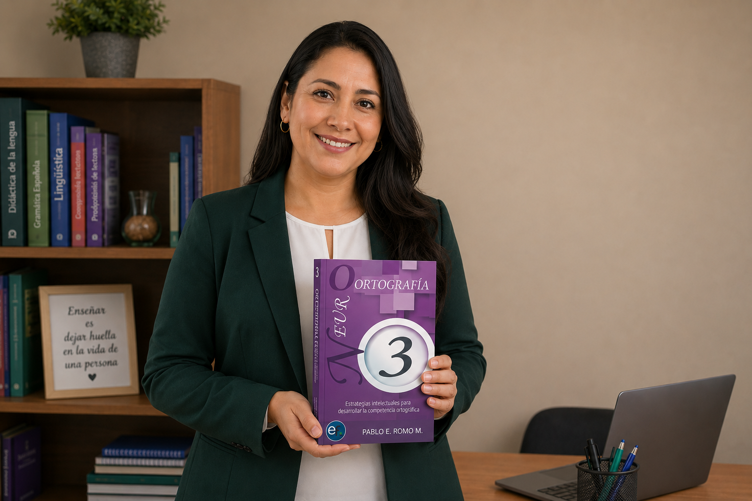 Docente sosteniendo el libro Neuro-Ortografía 3